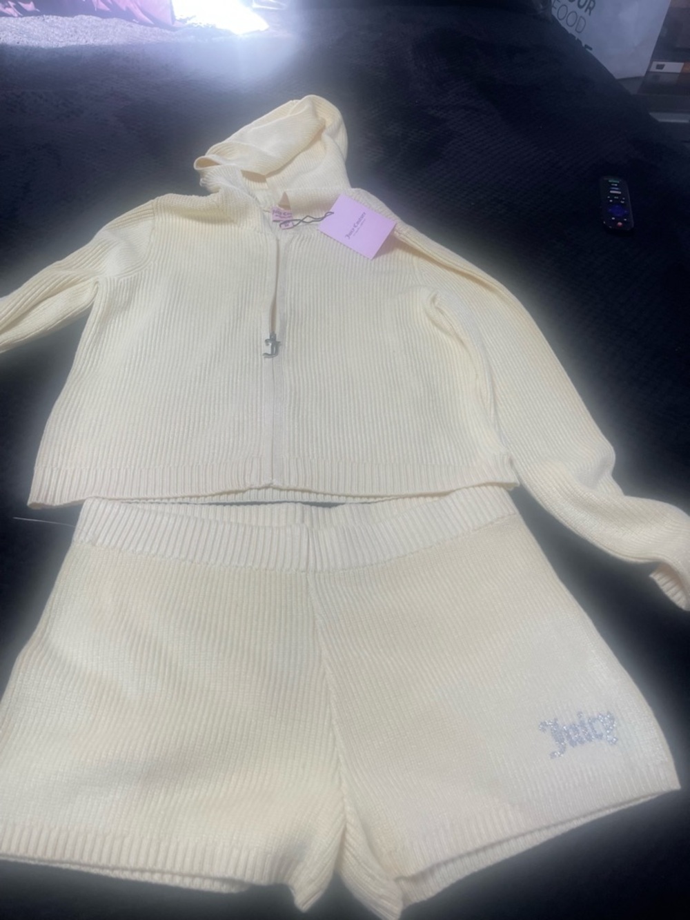 Juicy Couture Cream Ribbed Hoodie & Knit Shorts Set
